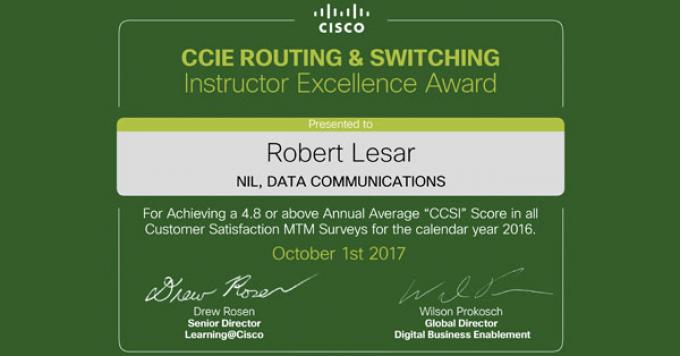 Robert Lesar wins the Cisco 2017 Instructor Excellence Award