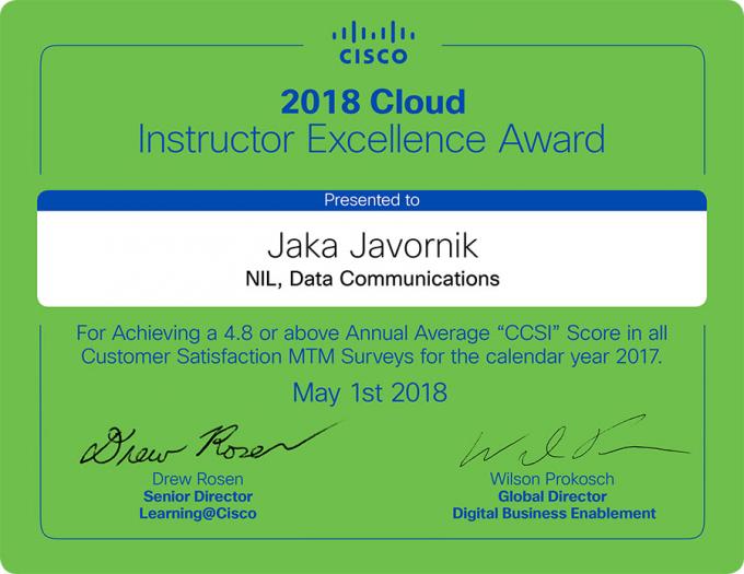Cisco Instructor Excellence Award 2018 Jaka Javornik